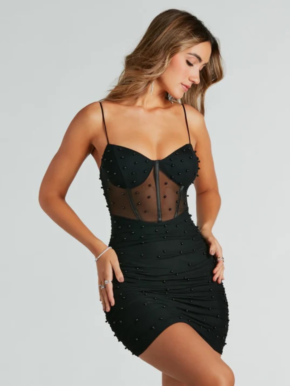 Black Beaded Corset Mini Dress Privy Sheer Mesh Bodycon Size S